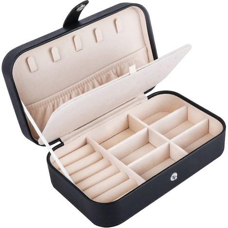 Petite boîte à bijoux, étui à bijoux de voyage amélioré, boîte à bijoux portable adaptée aux femmes, boîte à bijoux à double compartiment, cuir PU, robuste, durable, organisateur de bijoux de voyage (1/5)