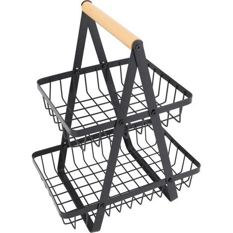 Corbeille à fruits en fer noir design ajouré, étagère de rangement multifonctionnelle 2 niveaux pour salon cuisine salle à manger (1/5)