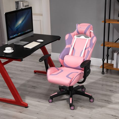 Chaise de bureau ergonomique Vinsetto pour le jeu, pivotante et dotée d'un coussin lombaire massant réglable et d'une hauteur ajustable. Coloris rose et violet. Dimensions : 69 x 56 x 125,5 cm. (1/5)