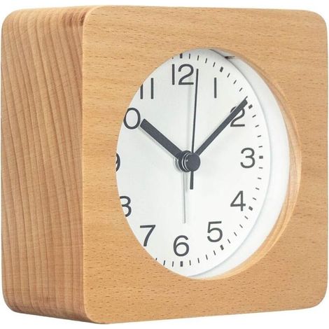 Réveil carré en bois de 7,6 cm avec chiffres arabes, sans tic-tac, silencieux, rétroéclairé, à piles (jaune) (1/5)