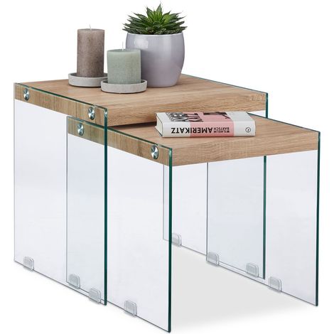 Relaxdays Set 2 Mesas Auxiliares Cuadradas, Cristal-DM, Beige, 40-45 cm de alto (1/5)
