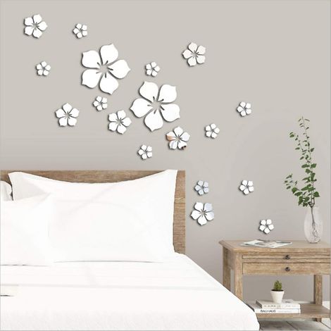 Lot de 18 autocollants miroir muraux motif floral, argenté 3D en acrylique pour salon et chambre à coucher (1/4)