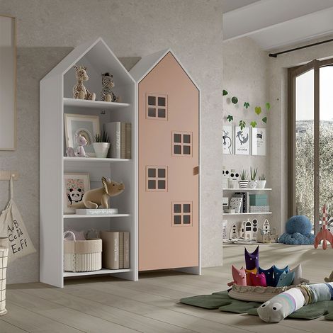 BEAUVILLE - Pack Bibliothèque + Armoire Cabane 1 Porte Rose (1/4)
