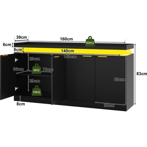 Buffet lumineux LED 4 portes, meuble de rangement spacieux pour vaisselle et objets, idéal salle à manger et séjour, dimensions 160x39x83 cm, armoire basse élégante. (1/5)
