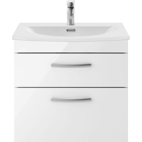 Millwich Contemporary 2 Drawer Wall Hung Vanity Unit with Curved Basin, Gloss White, 600mm