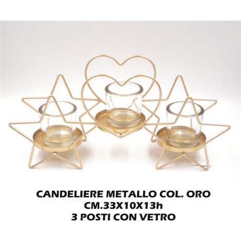 Candeliere Portacandele in Metallo Oro Forma Stella e Cuore 25 cm
