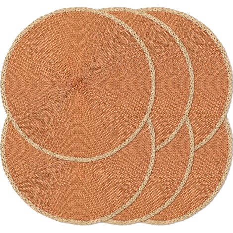 Lot de 6 Sets de Table Ronds tressés à la Main, résistants à la Chaleur, antidérapants, faciles à Nettoyer pour Cuisine, Salle à Manger, intérieur et extérieur (Orange, 6)'Bord Fin Marron, Orange 6 pc (1/5)