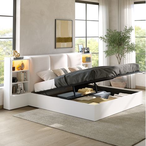 Cama canapé 180x200 cm blanca con cabecero tapizado LED y 6 compartimentos (1/5)