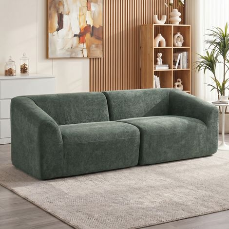 Canapé 3 places chenille 225 cm, rembourré moderne assise large, coussin à ressorts, vert foncé (1/5)