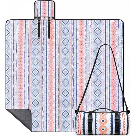 Couverture Pique Nique Impermeable, Nappe Picnic 200x200 cm Pliable avec Sangles Réglables et Bandoulière, Picnic Blanket pour Plage, Jardin, Camping, Voyages et Randonnée, Bleu (1/5)