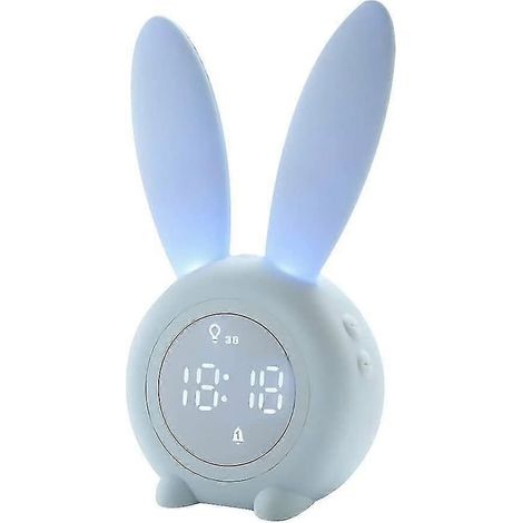 Radio-réveil, Réveil numérique LED à oreilles de lapin, Lampe de bureau sonore amusante, Souris pour la maison, Bleu pastel (1/5)
