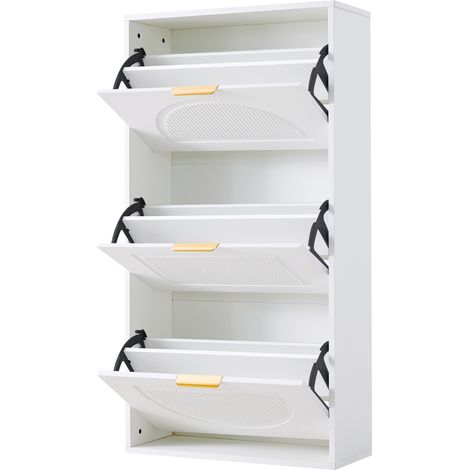 Scarpiera salvaspazio a ribalta con 3 ante, bianca, 60x24x114 cm, in MDF e truciolare (1/5)