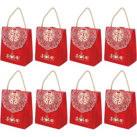Lot de 8 Boîtes à Bonbons de Mariage Chinoises en Carton Léger, Format Moyen-petit, Pochette D'emballage Portable pour Présents et Fêtes, Décoration Festive Pompons, Coffrets (1/5)
