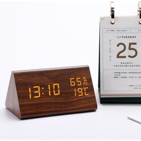 Réveil numérique LED bois brun lumière blanche affichage heure 3 alarmes capteur température humidité chambre (1/5)