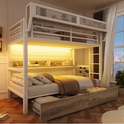 REDOM - Lit superposé 90x200 cm avec étagère - panier de rangement - 2 tiroirs en métal - MDF et métal - blanc (Sans matelas) (1/5)