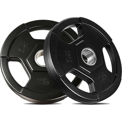 Disques de musculation olympiques – Fonte avec revêtement caoutchouc, réduction du bruit et protection du sol – Idéal pour passeînement de force, haltérophilie et home gym – Lot de 2 x 25 lbs