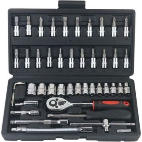 Coffret de 46 douilles 1/4 pouce, jeu de clés à cliquet avec douilles métriques et rallonge pour la réparation automobile et le ménage (noir)