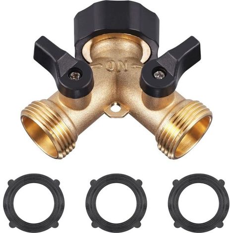 Doppelwaschmaschinenhahn, Y-förmiger 2-Wege-Gartenschlauchverteiler für 3/4"-Zulaufschläuche, Doppelabgangshahn für Gartenarmaturen, Wasserhahnadapter, 3 Schlauchschellen