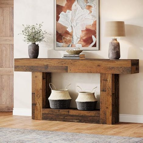160 cm Console Table with Storage Shelf, Rustic Brown Entryway Table, Narrow Hallway Sofa Table for Living Room, Entrance and Corridor