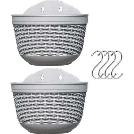 Juego de 2 macetas colgantes de plástico con drenaje y 4 ganchos (gris + gris) (1/5)