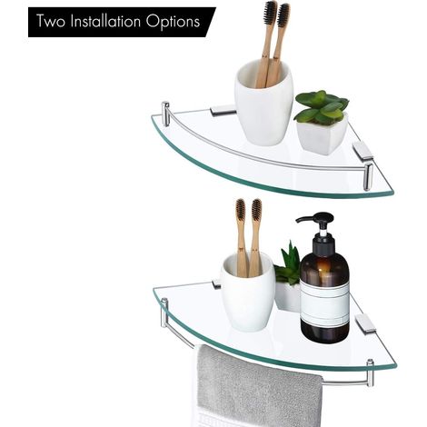Étagère d'angle en Verre Étagère Salle de Bain Douche Tablette Murale Étagère en Verre Trempé avec Porte Serviette 2 Pièces Acier Inoxydable Poli