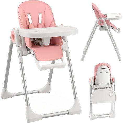 Seggiolone Pappa Pieghevole per Bambini 6-36 Mesi con Altezza Regolabile, Doppio Vassoio Lavabile, Ruote, Rosa (1/5)