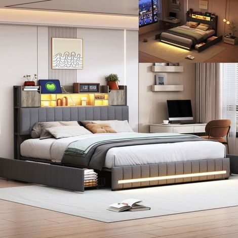 Letto 140x200 cm - 240727HGY - LED - USB - Contemporaneo - Lino - struttura letto matrimoniale 140x200 cm - grigio