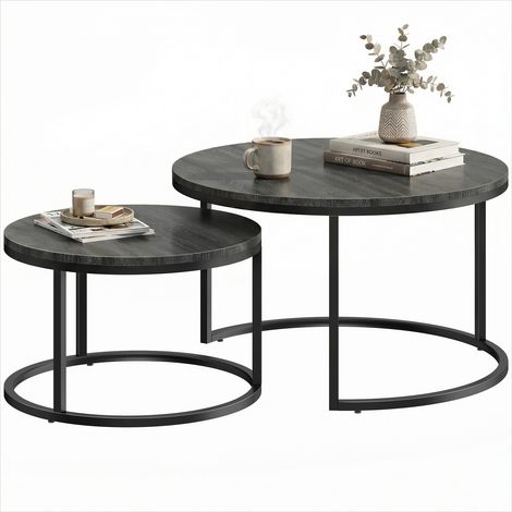 Tables gigognes industrielles effet bois noir - Lot de 2 tables basses encastrables gain de place (1/5)