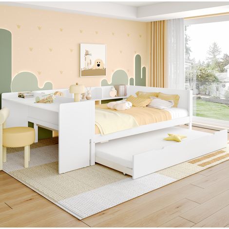 lit adulte double bureau rangement 140x200 pin blanc OKMYHOME (1/5)