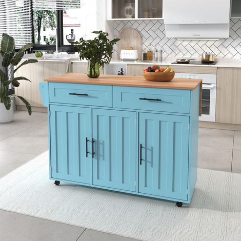 Meuble buffet 129x46(71)x91,5cm bois massif armoire bleue plateau pliable,pieds bois réversible usage domestique.