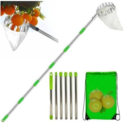 Cueille-Fruit - Perche Télescopique 2,4 M - Pour Récolte Arbres Fruitiers - 6 Sections Acier Inoxydable - Sac en Tissu Inclus (1/5)