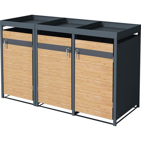 ML-Design Copribidone per Spazzatura per 3 Cestini con Tetto a Fioriera 240L 200x80x124 cm Antracite Aspetto Larice Acciaio Copribidone per Spazzatura Resistente alle Intemperie Copri Bidone 3 Porte