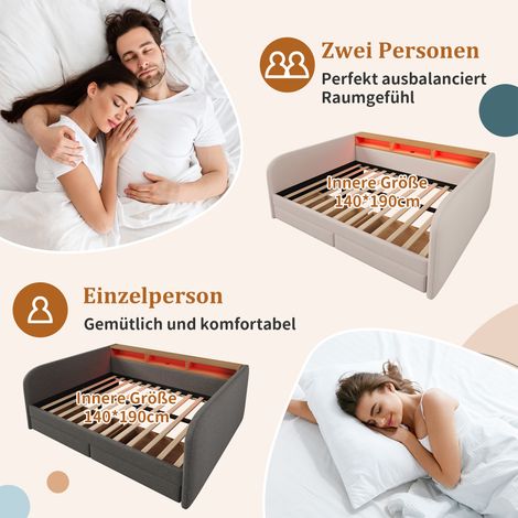 Lit Daybed 140x190 cm, canapé-lit avec LED et port USB-C, sommier à 2 tiroirs et tête de lit rangement, lin beige clair, sans matelas (1/5)