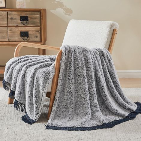 Sofadecke Sherpa Kuscheldecke 230 x 230cm 04-navy Blau With Tassel (1/5)