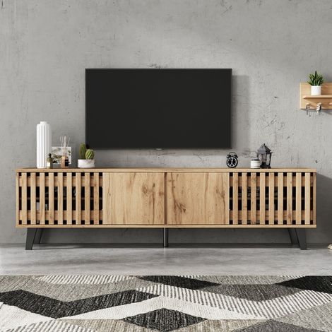 Meuble TV 180x40x55 cm en bois naturel, console TV avec 8 compartiments de rangement, support pour téléviseur 70 pouces, meuble bas de salon, centre de divertissement pour séjour (1/5)