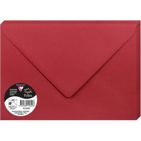 Enveloppe - CLAIREFONTAINE - Pollen - 120g - 162x229 mm - Rouge groseille - Paquet de 20