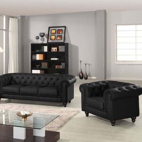 Cotecosy – Fauteuil club Chesterfield noir simili – Capitonnage élégant – Largeur 111 cm – Confort intemporel pour salon