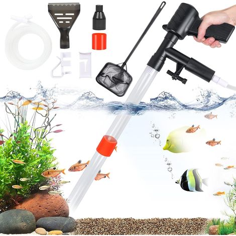 Aspirateur de Boues d'Aquarium, 5 in 1 Kit de Nettoyage de Gravier d'Aquarium, Nettoyeur de Gravier Changement d'eau Filtre Rapide Aquarium Changeur l'eau avec Bouton Pression d'air Grattoir en Verre