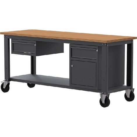 Banco lavoro con ruote SOGI X3N119LR - 2 m - piano in legno - 1 cassetto + anta e cassetto (1/4)