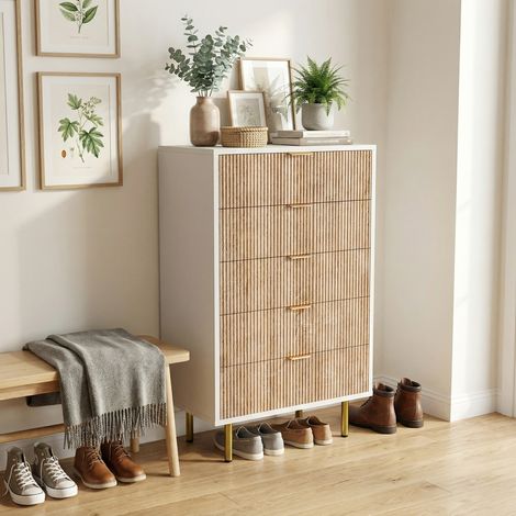Cassettiera alta stretta 5 cassetti 60 cm, cassettiera alta camera da letto, design rigato in legno e bianco, soggiorno e ingresso, stile scandinavo, Rovere Chiaro