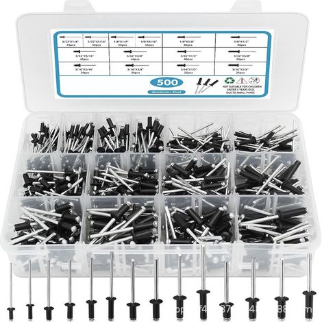 Assortiment de 500 rivets pop noirs, 14 tailles de rivets en aluminium (3/32", 1/8", 5/32", 3/16"), jeu de rivets aveugles pour métal avec séparateur renforcé et coffret étiqueté (1/4)