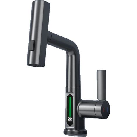 Robinet de cuisine avec affichage LED numérique, rotation à 360°, tuyau extensible de 60 cm, mélangeur eau chaude et froide, 3 modes de pulvérisation (lame/jet/cascade), Gris Pistolet (1/2)