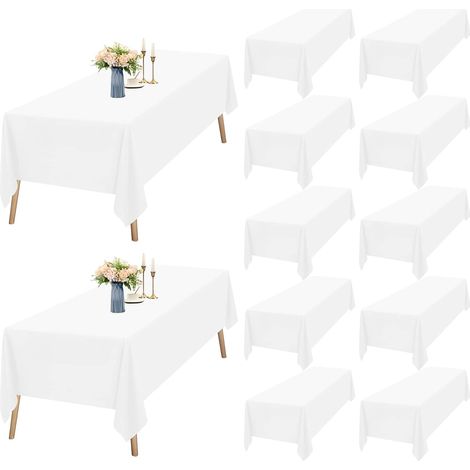 Lot de 12 Nappe Rectangulaire, Polyester 140x240cm, Blanche Lavable, Pour Mariage Fête Restaurant (1/5)