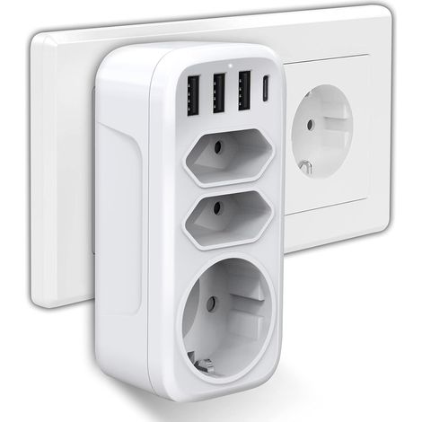 Multiprise Murale 7 en 1 avec USB et Type-C – Chargeur Secteur Multi Ports, 2 Prises Euro, 3 USB, 1 Port Type-C, Parfait Bureau/Domicile (1/5)