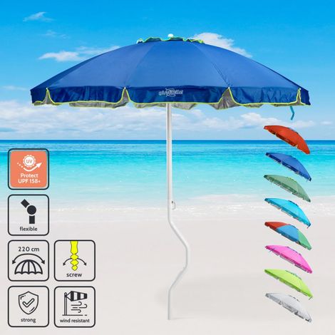 Parasol de plage léger 220 cm – Protection UV UPF 158 – Fixation hélicoïdale – 8 baleines renforcées – Résistant aux vents forts – Bleu – Girafacile (1/5)