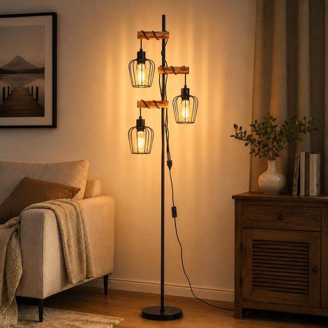 Lampe sur Pied Vintage Bois Salon Lampadaire Industriel 3 Feux avec (1/5)