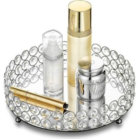 Plateau de coiffeuse argenté miroir, vide-poche décoratif 25 cm, support multifonction pour maquillage, parfums, bijoux et accessoires, élégant et pratique. (1/5)