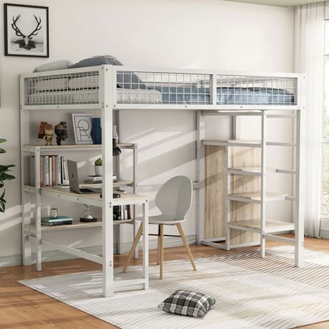 Lit mezzanine 140x200 cm -sogeu-avec bureau étagères et garde-corps lit simple robuste matériau métallique avec échelle de rangement (1/5)