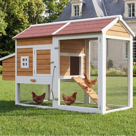 Poulailler 185x91x115 cm – Poulailler extérieur en bois de sapin, résistant à l'hiver, pour 4 poules, avec nichoir, tiroir galvanisé, perchoir et enclos, couleur bois (1/5)