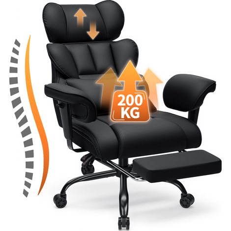 VANSPACE ergonomisch Massage Gaming- und Bürostuhl Leder mit Fußstütze, verstellbarer Kopf- & Armlehne, 200 kg belastbar, Schwarz